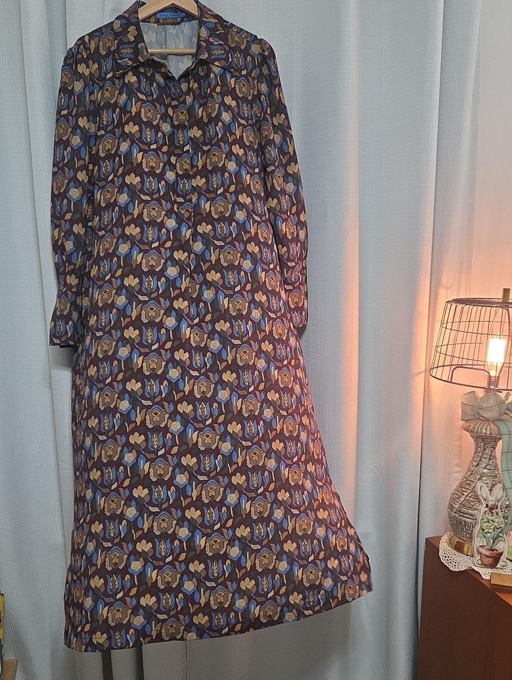 J. McLaughlin Brown Floral Long Sleeve Midi Dress with Blue & Yellow Accents